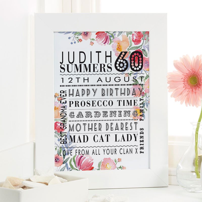 60th birthday gift idea for her personalised print corner