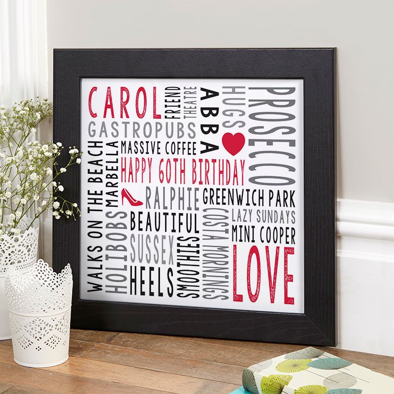 60th birthday gift ideas for her personalised word art square