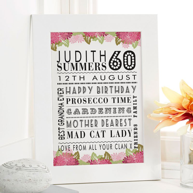 personalised 60th birthday present for her word picture print corner