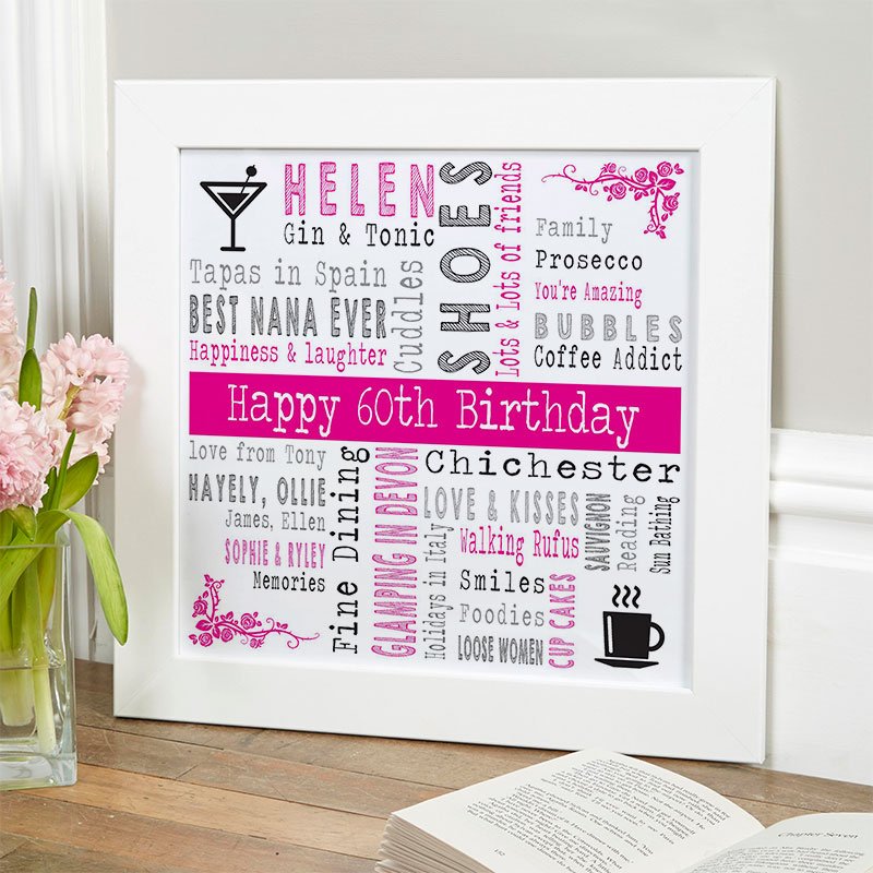personalised gift for her 60th birthday word art picture print square corner