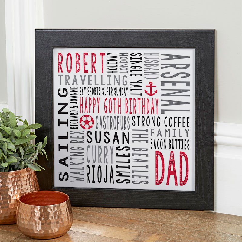 personalised 60th birthday gift for him unique word print