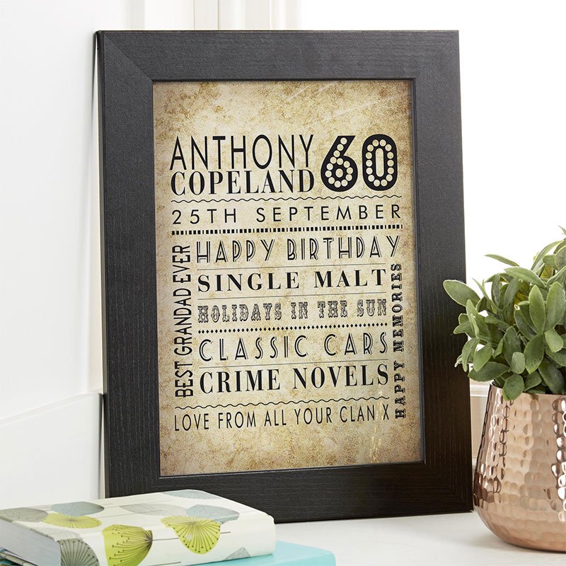 60th birthday gift for men personalised wall art picture print corner