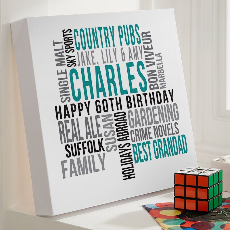 60th birthday present ideas for him personalised word print square likes