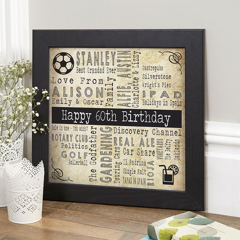 60th birthday present ideas for men word art picture print
