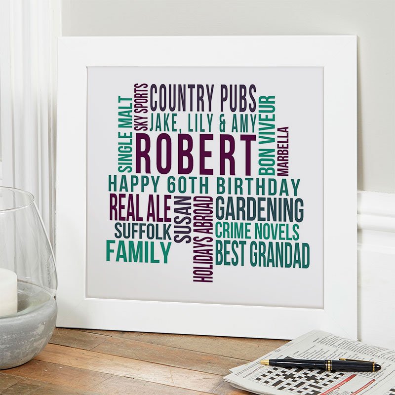 60th birthday gift inspiration for man personalised word print square likes