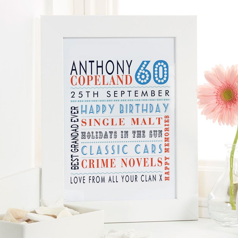60th birthday gift inspiration for him personalised word picture canvas print corner