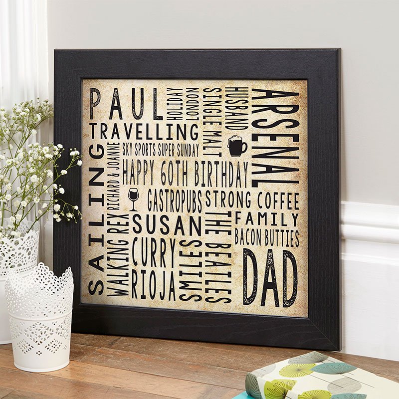 60th birthday gift ideas for men personalised word art square