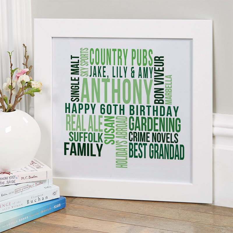 60th birthday gift ideas for him personalised word art print square likes