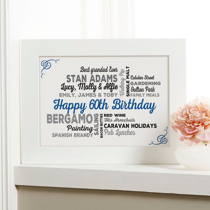 60th birthday personalised gift for him ideas word art for walls typography print