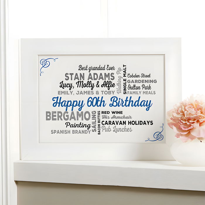 60th Birthday Gift of Personalised Typographic Art | Chatterbox Walls