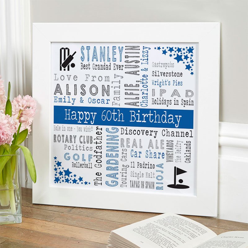 personalised gift for mens 60th birthday word art picture print square corner