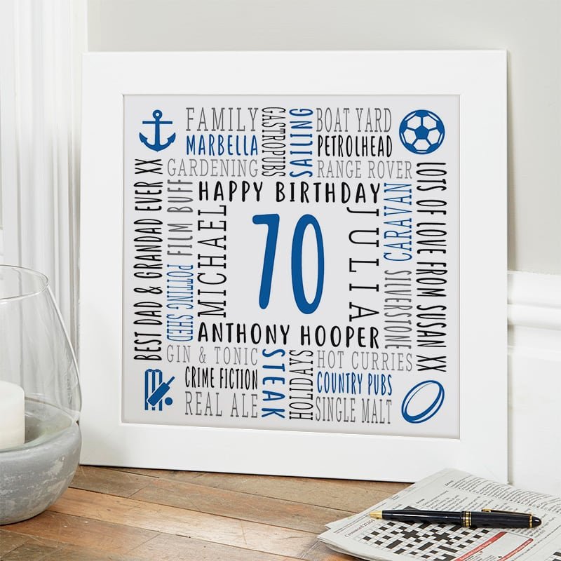 70th birthday gift for him personalised framed print