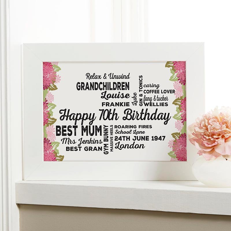 personalised 70th birthday gift word art print