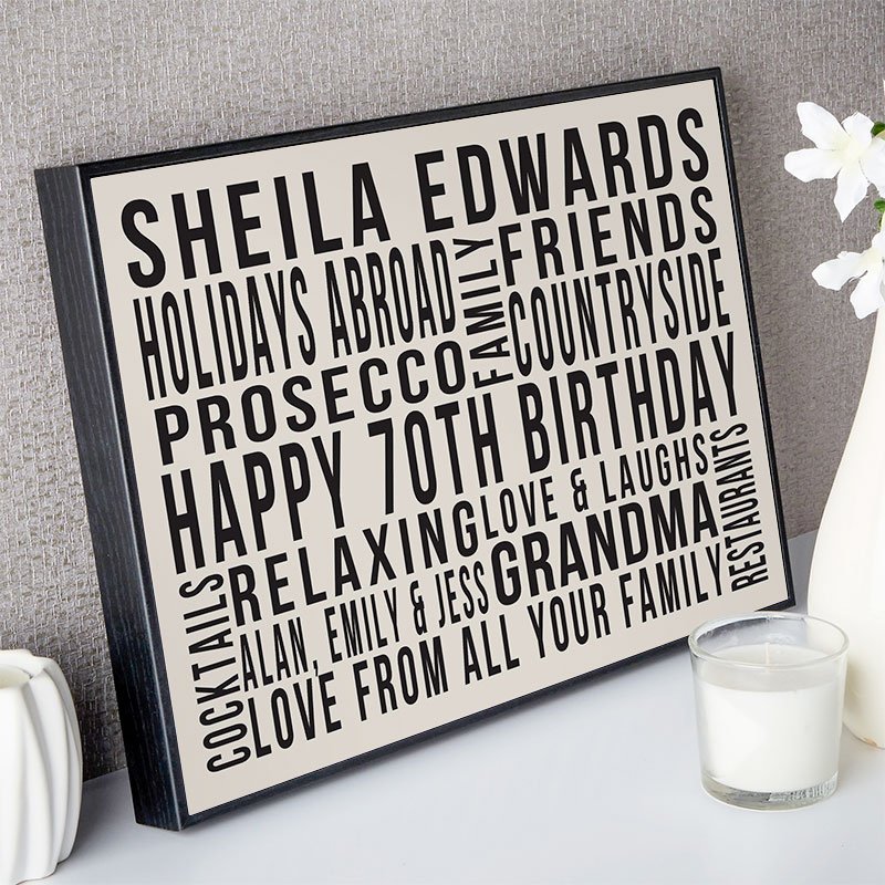 gifts for her 70th birthday personalised wall art word print landscape likes