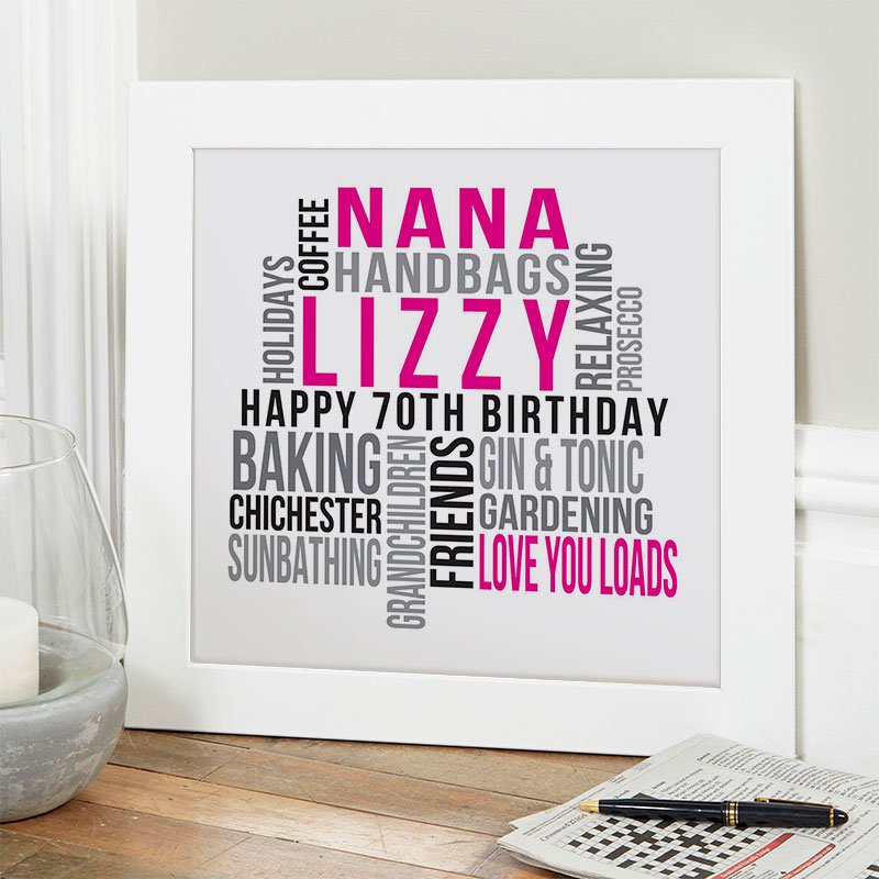 70th birthday gifts for her personalised print square likes