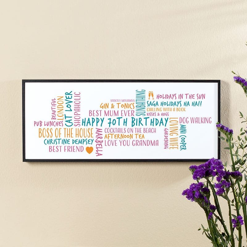 70th birthday gift for her personalised word cloud canvas picture