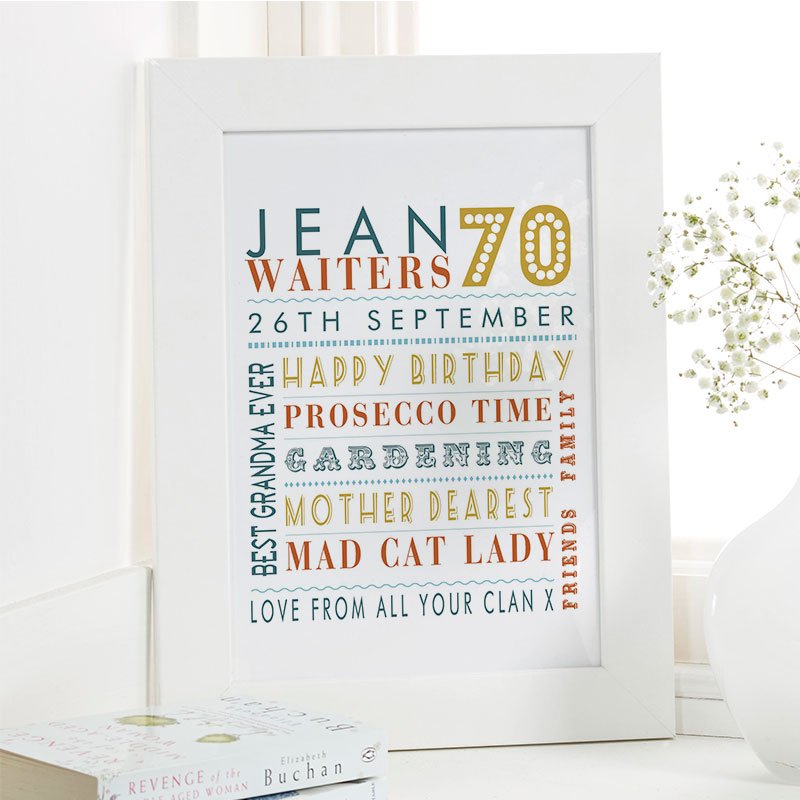 70th birthday gift inspiration for her personalised word picture print corner