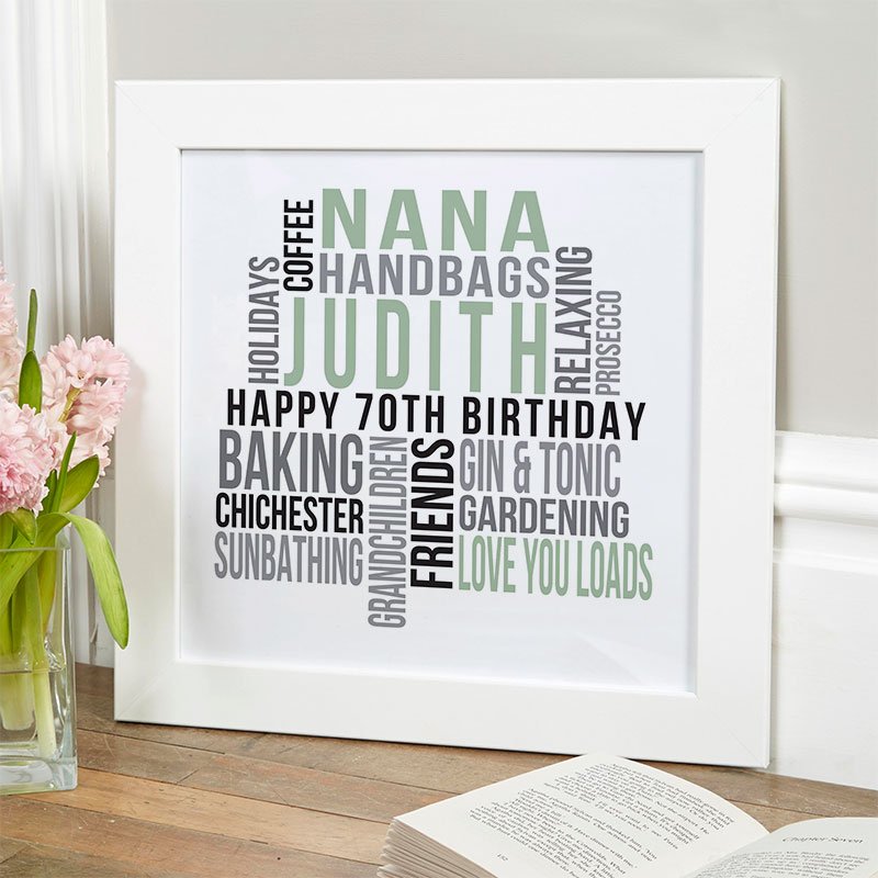 70th birthday gift for her personalised wall art word print square likes