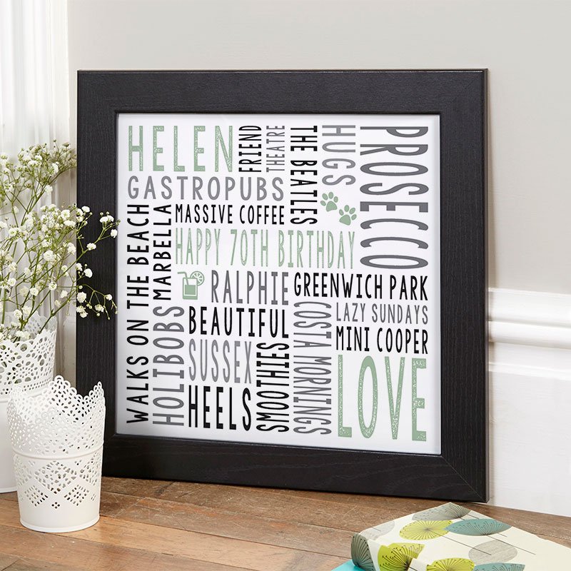 personalised 70th birthday gift for her word art square print