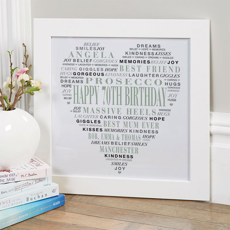 70th birthday gifts for her personalised word love heart print