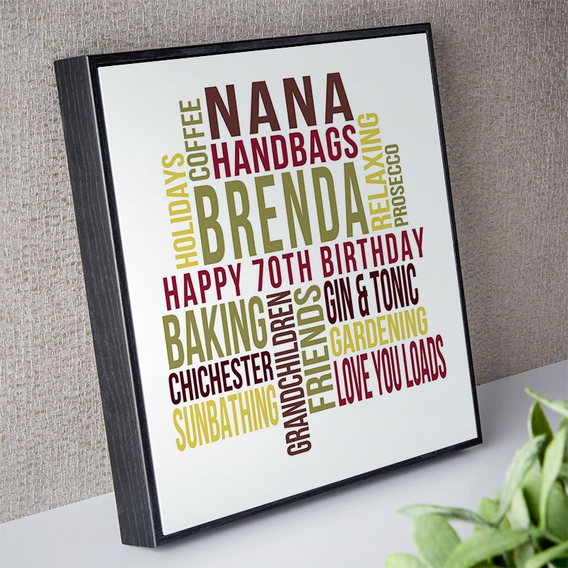 70th birthday gift inspiration personalised word print square likes