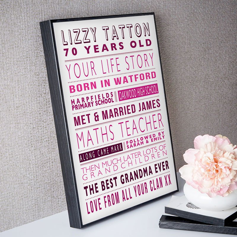 70th birthday personalised gift for her life story print