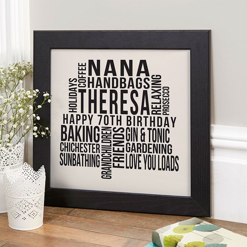70th birthday present for her personalised wall art print square likes