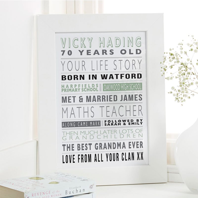 70th birthday present ideas for her life story picture print