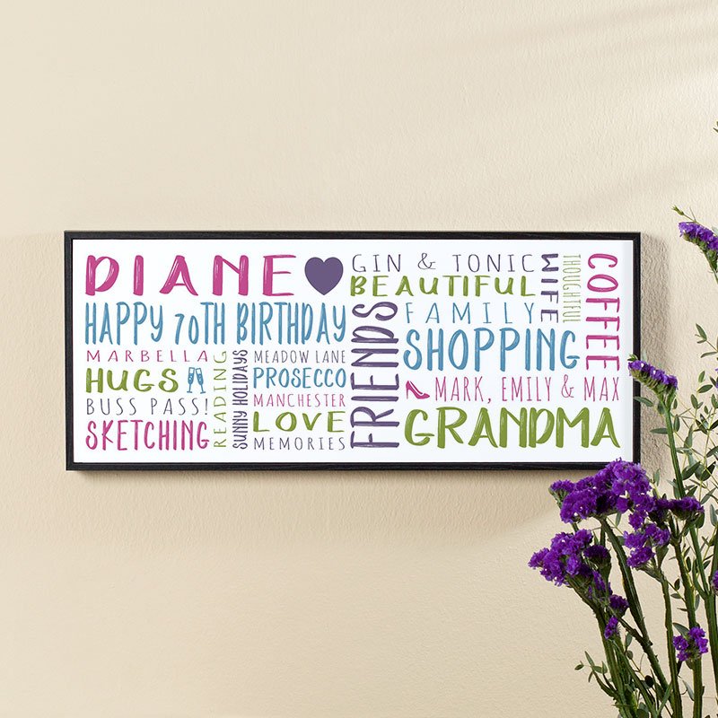 personalised 70th birthday gifts for her word art print panoramic