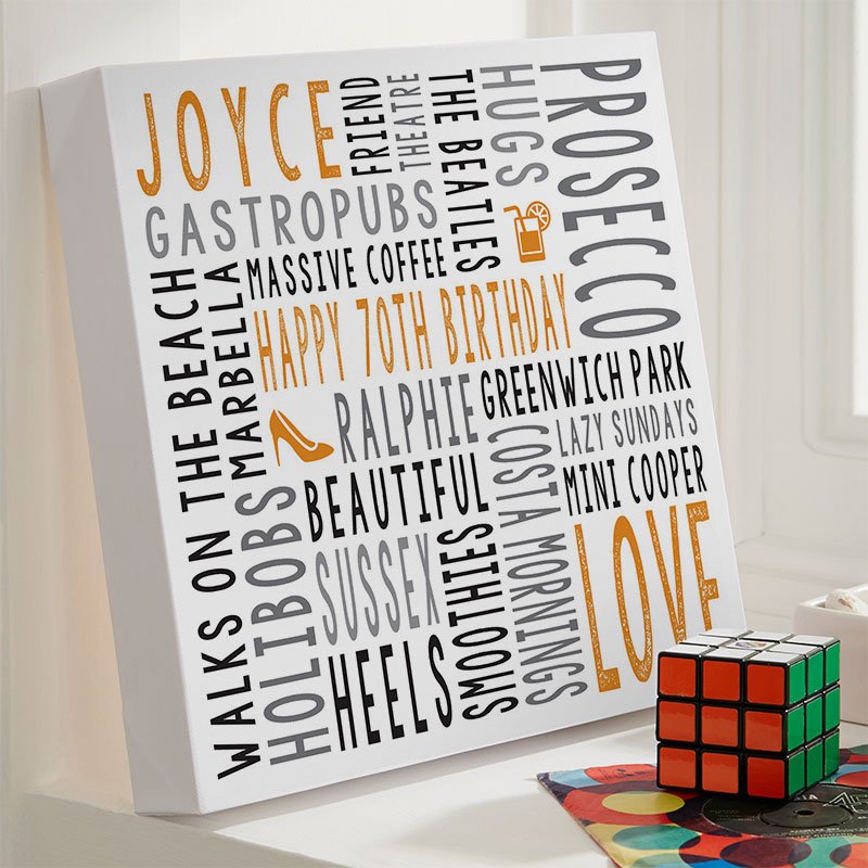 70th birthday present for her personalised word print square