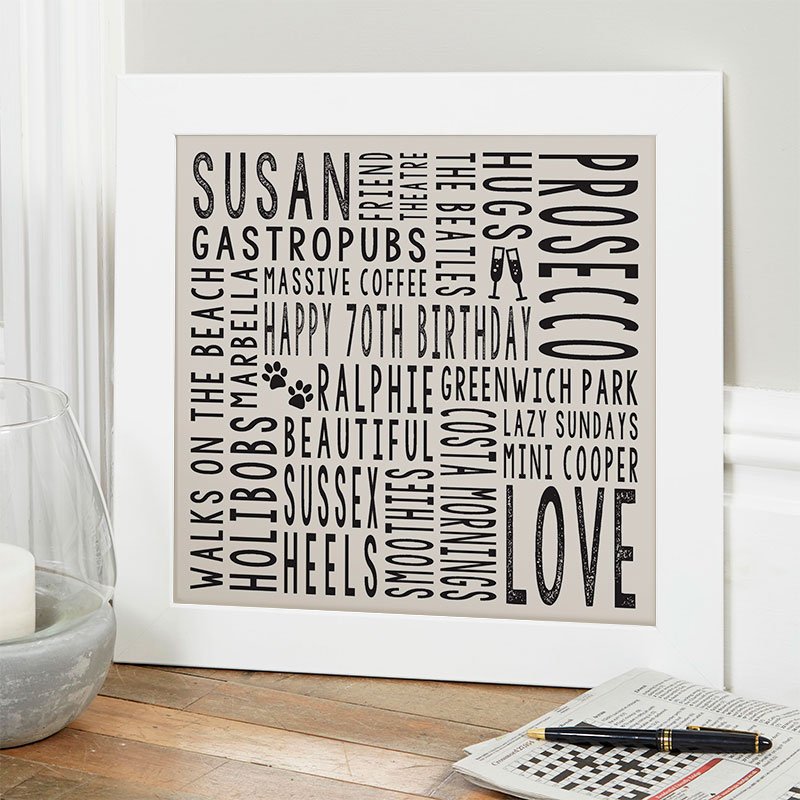 70th birthday gift ideas for her personalised word art square