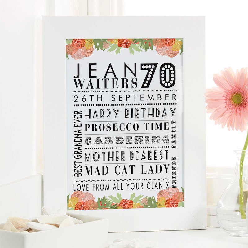 personalised 70th birthday present for her word picture print corner