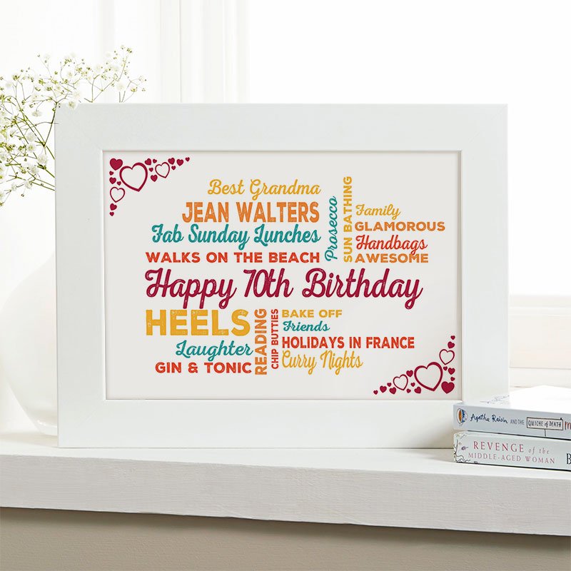 70th birthday gift for her typographic art personalised print