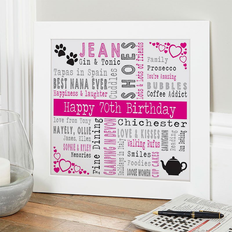 personalised gift for her 70th birthday word art picture print square corner