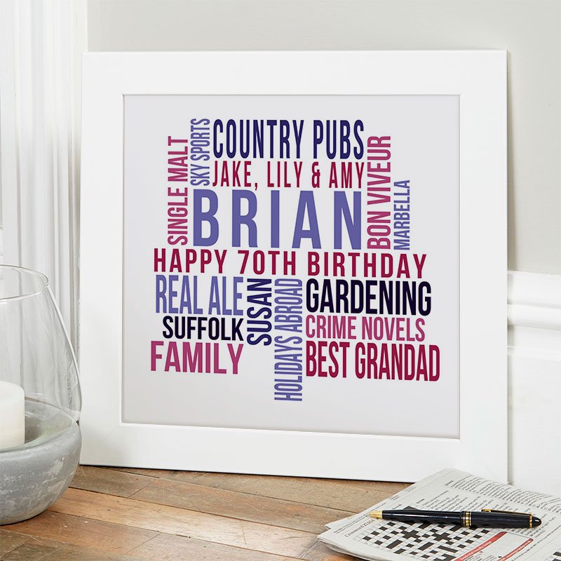 70th birthday gifts for him personalised print square likes