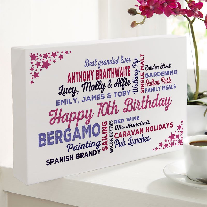 personalised 70th birthday gift for men typographic wall art print
