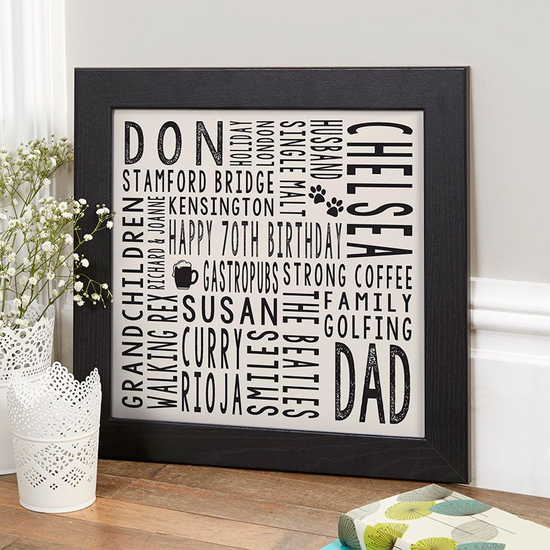 personalised 70th birthday gift for him unique word print