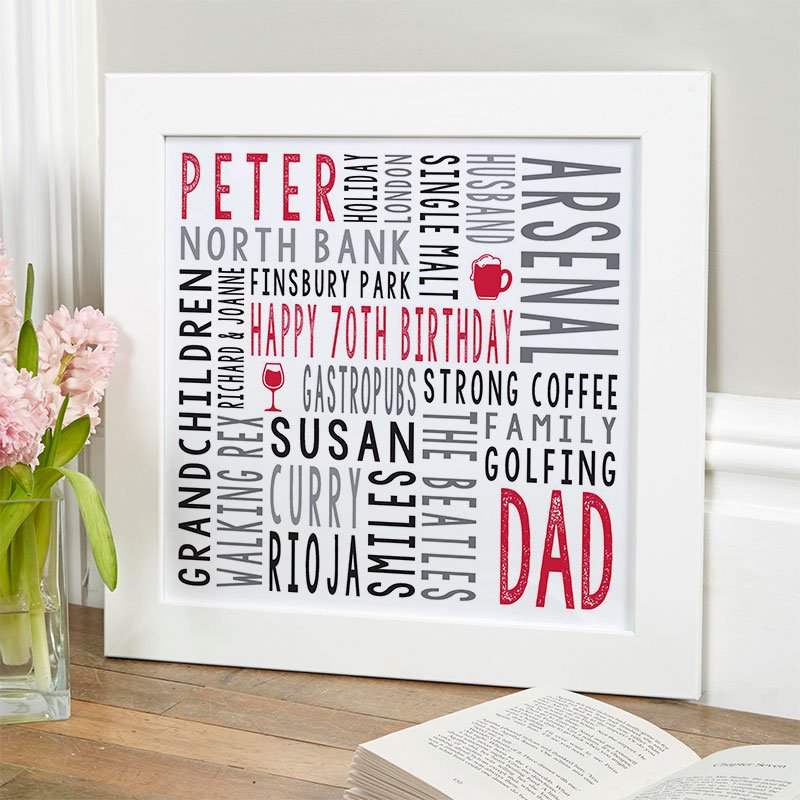 70th birthday gift for him personalised word art print square