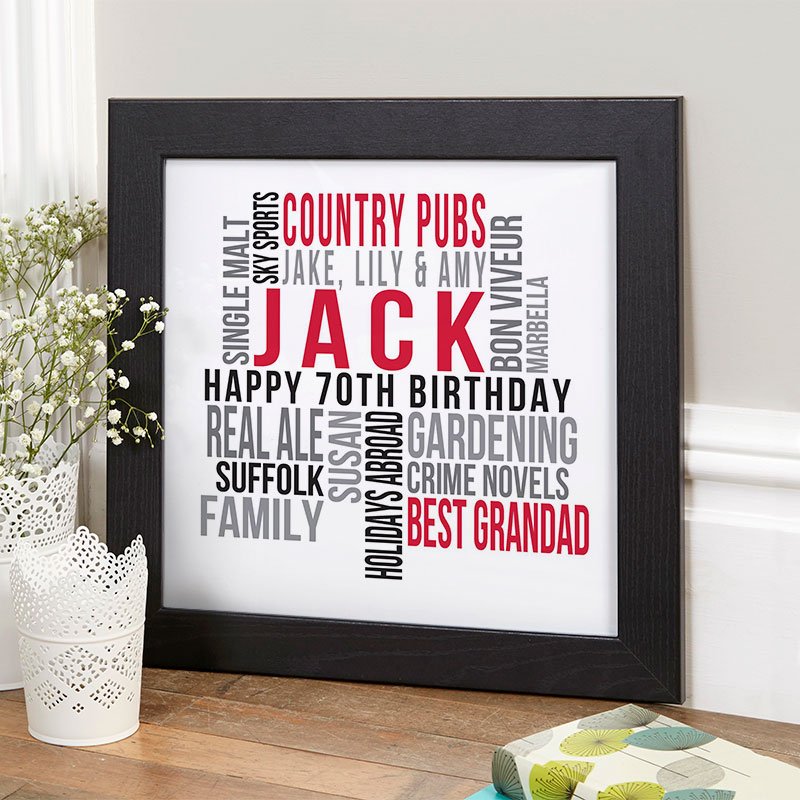 70th birthday gift for him personalised wall art word print square likes