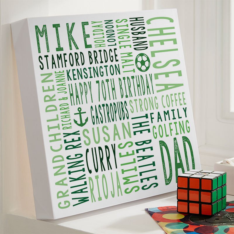 personalised mens 70th birthday gift word art square canvas print