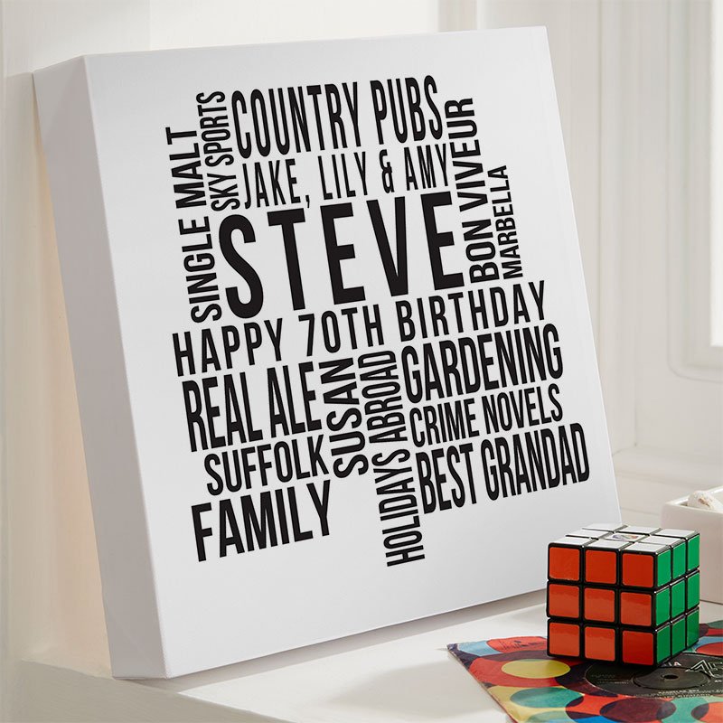70th birthday present ideas for him personalised word print square likes