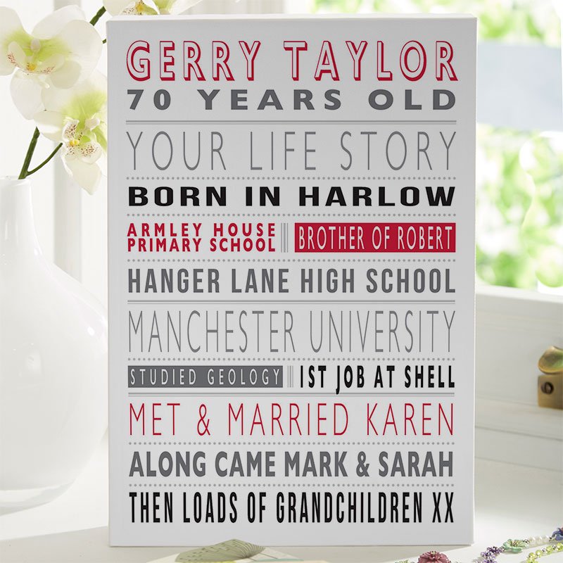 personalised 70th birthday gift for him life story unique canvas print