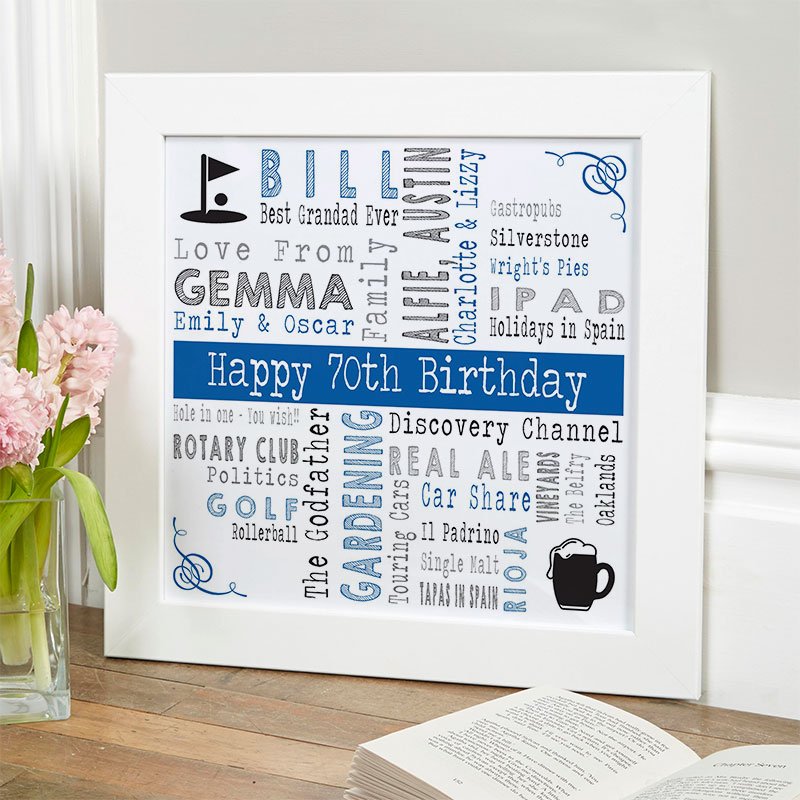 70th birthday present ideas for men word art picture print