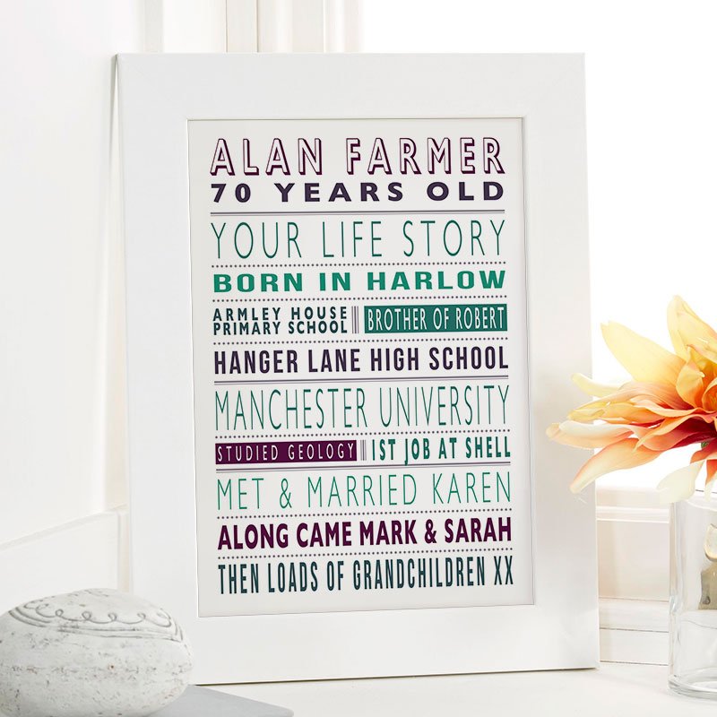 70th birthday present ideas for him personalised life story