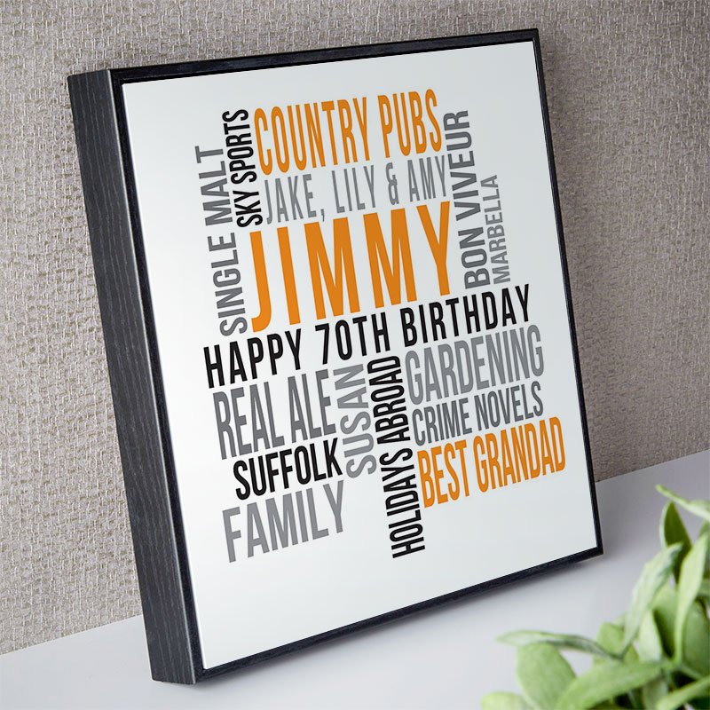 70th birthday gift inspiration for man personalised word print square likes