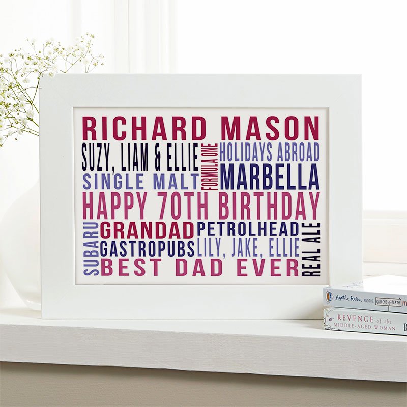 70th birthday present for him personalised word print landscape likes
