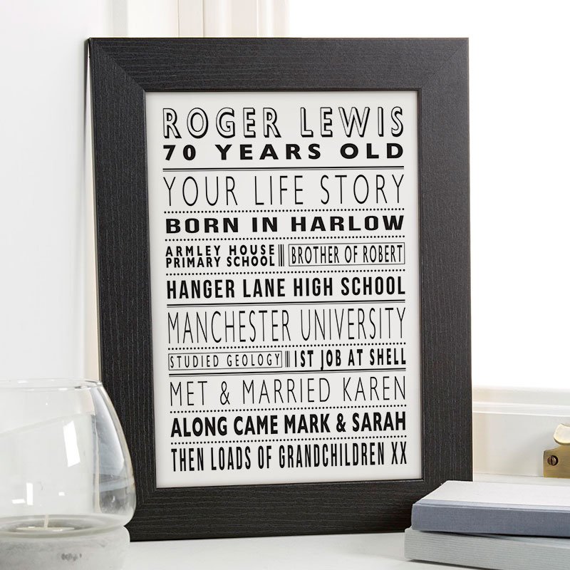 70th birthday present ideas for men life story picture print