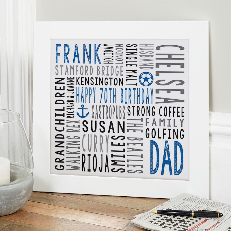 70th birthday gift ideas for men personalised word art square