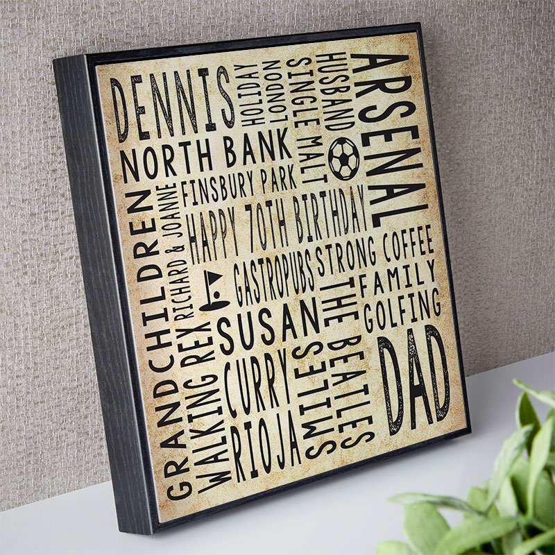 70th birthday present for husband personalised word print square canvas