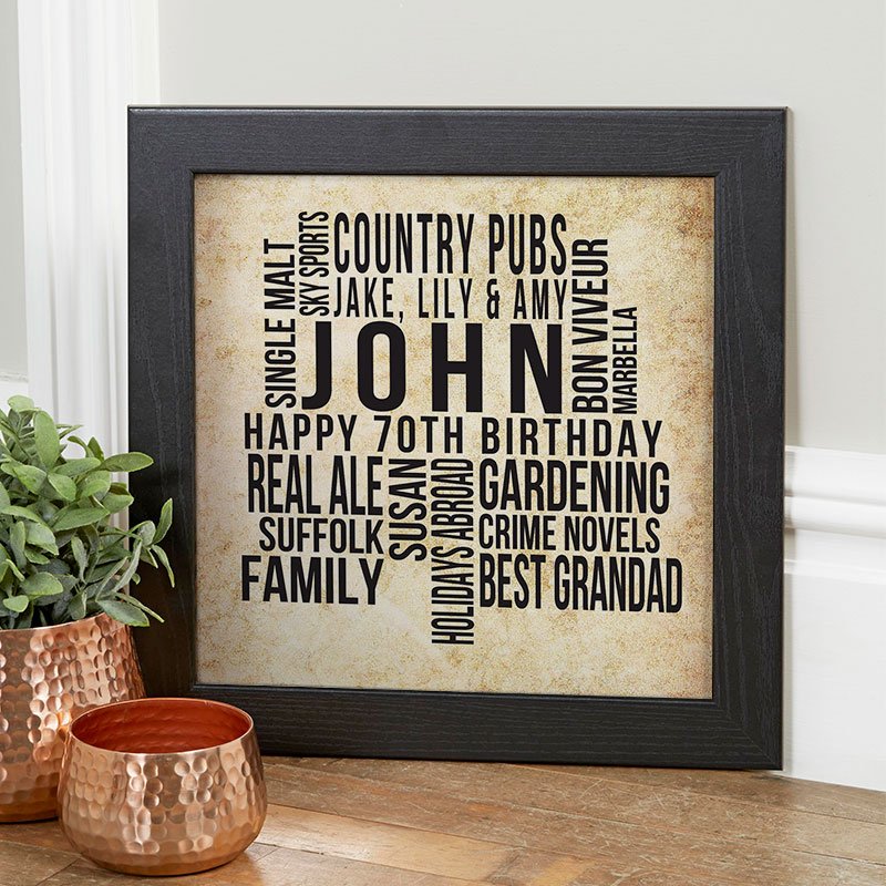 70th birthday gift ideas for him personalised word art print square likes